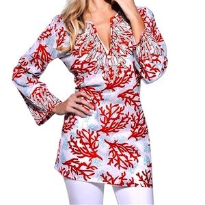 BARBARA GERWIT CORAL RED TEAL BEADED SEQUIN COTTON TUNIC